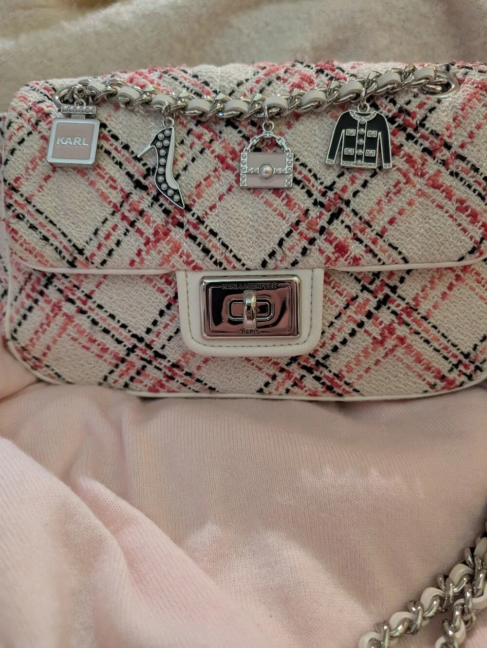 Karl Lagerfeld Pink Tweed  two Way Chain Shoulder Bag with Charms